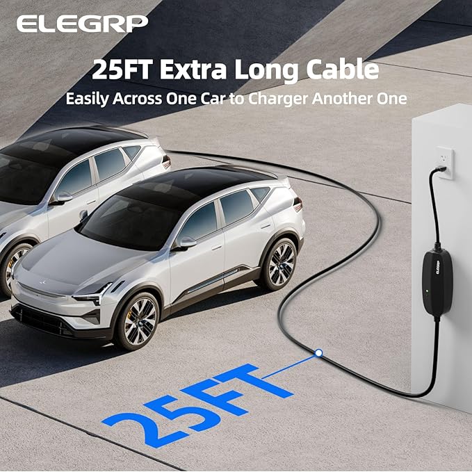 ELEGRP Level 1/2 EV Charger, 16 Amp, Portable J1772 Electric Car Charger, 25FT Cable, NEMA 6-20 & 5-15 Adapter, 110V-240V for BEVs/PHEVs, PBE & LRC Technology