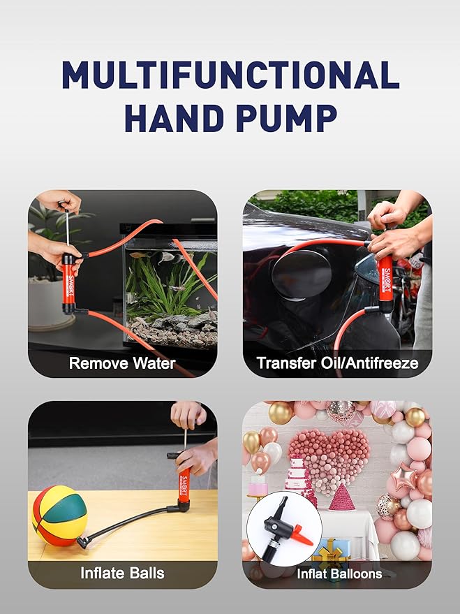 SMART JERRY - Fluid Transfer Pump Automotive, Oil Transfer Pump, Hand Pump Siphon, Multi-Use Hand Fuel Pump for Gas Oil and Liquids, RV Antifreeze Pump Kit, Siphon Pump for Fish Tank, Lawn Mower Pump