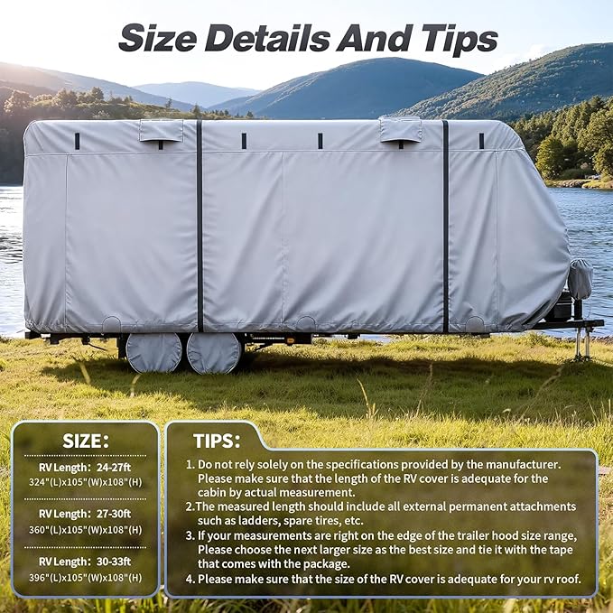 RV Cover, 7 Layers Waterproof Camper Cover with Tongue Jack Cover, Windproof Travel Trailer Cover with Gutter Cover, Fit for 24-27ft
