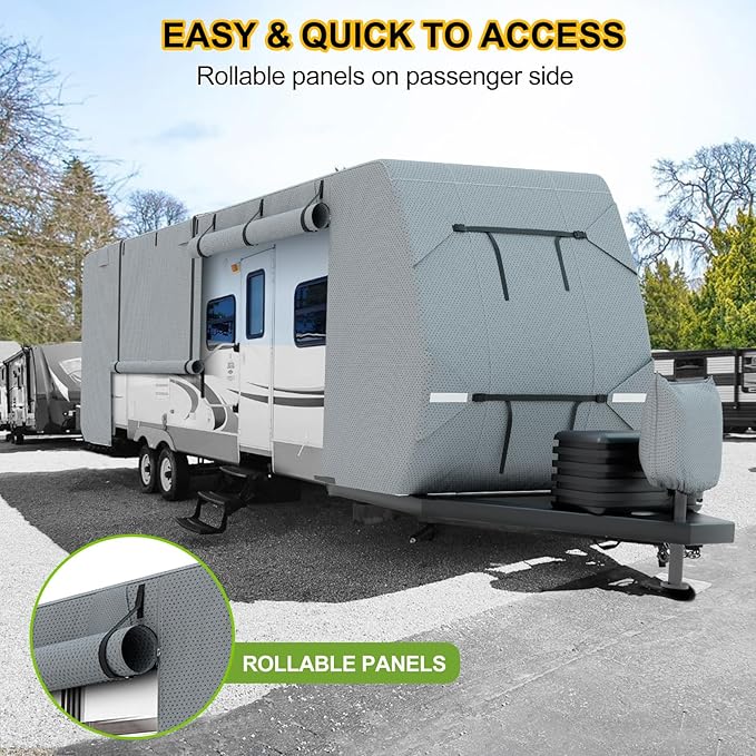 RV Cover 18-20ft, Travel Trailer Heavy Duty Extra-Thick 8 Layers Anti-UV Waterproof Windproof Camper Cover with Tongue Jack Cover, Extra Windproof Ropes, Gutter Covers