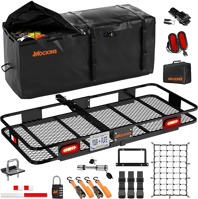 Mockins 60"x20"x6" Heavy Duty Trailer Hitch Cargo Carrier w/ 20 CuFt Waterproof Cargo Bag | 500 Lbs Cap All-Weather Folding Luggage Rack for SUV Car & Truck w/Rear Lights, License Plate Holder & More