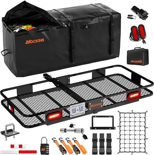 Mockins 60"x20"x6" Heavy Duty Trailer Hitch Cargo Carrier w/ 20 CuFt Waterproof Cargo Bag | 500 Lbs Cap All-Weather Folding Luggage Rack for SUV Car & Truck w/Rear Lights, License Plate Holder & More