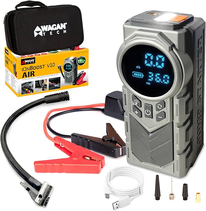 Wagan EL7603 iOnBoost V10 Air Jump Starter with Tire Inflator 1500A Peak 12V Portable Lithium Car Battery Booster with 150PSI Air Compressor LCD Pressure Display Built-in LED Light UL Certified