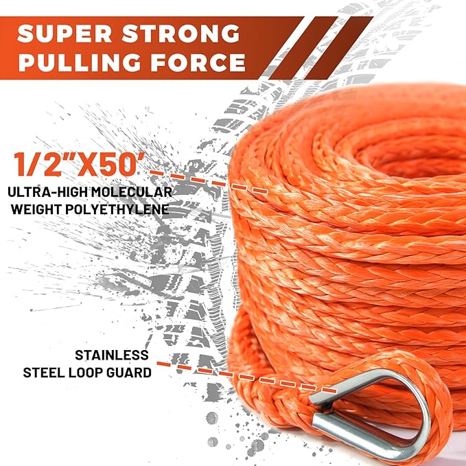 Winch Rope Extension, 1/2'' x 50ft 32,500Lbs Synthetic Winch Extension Rope, Winch Extension Line for Off Road Vehicle ATV UTV SUV Jeep (Orange)