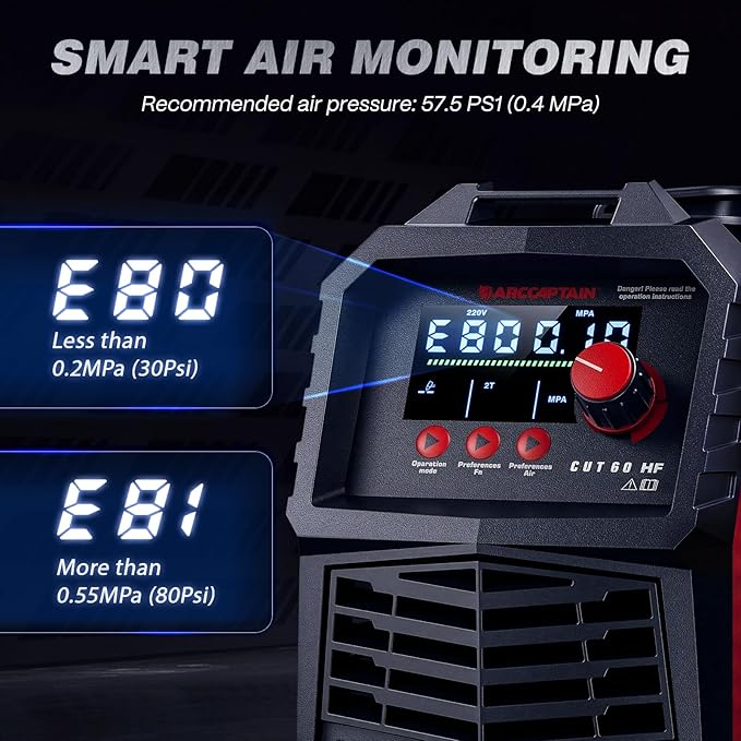 ARCCAPTAIN 60A Plasma Cutter, Non-Touch Pilot Arc Plasma Cutting Machine, 110V/220V, Upgraded Large LED Display, Plate Cutting, Expanded Metal Cutting, Rust Removal, Air Pressure Detection