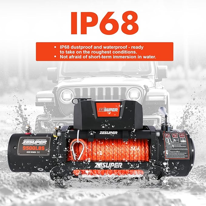 ZESUPER 9500 lb Load Capacity Electric Winch,12V Waterproof IP68 Winch with Wireless Handheld Remotes, Wired Switch,Hawse Fairlead, 80ft Synthetic Rope Winches for Jeep Trailer Truck Off-Road Vehicle