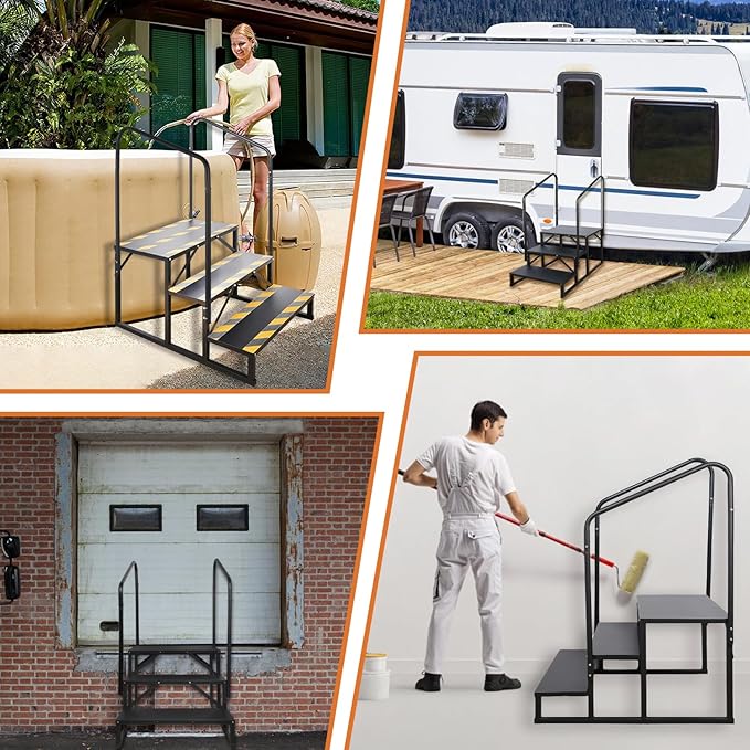 3 Step RV Stairs, Hot Tub Steps, Outdoor Spa Step Ladder with Double Handrail,Portable Economy 5th Wheel Stair for Travel Trailer, Motor Home, Camper and Porch with Non-Skid Tapes