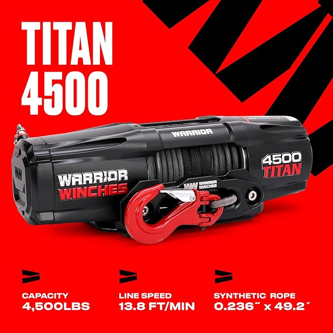 Warrior Winches - Titan 4,500lb Synthetic Rope Electric Winch – 12V, 3.4HP Motor, 166:1 Planetary Gear, Wired/Wireless Remote, Manual Clutch, Spring Brake, ATV/UTV Winch