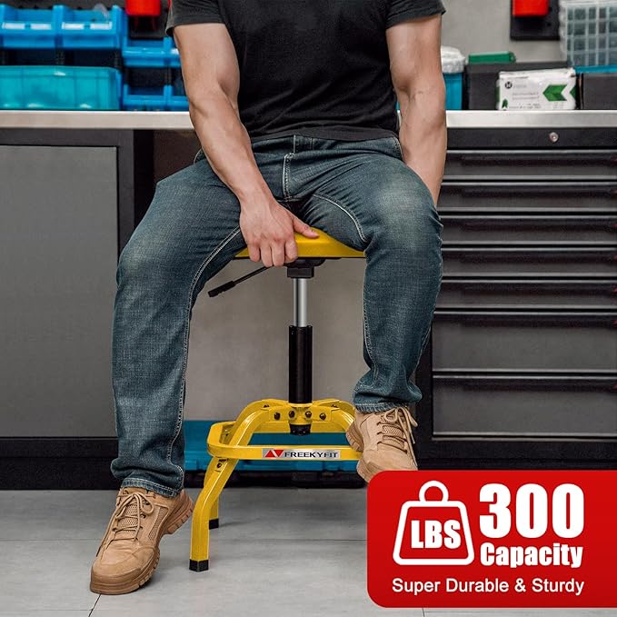 Shop Stool with Backrest, Mechanic Garage Stool for Workshop, Adjustable Shop Stools Chair, Padded Workbench Stools for Men Women, 300 LBS Capacity, 360° Swivel PVC Seat, Heavy Duty, Yellow