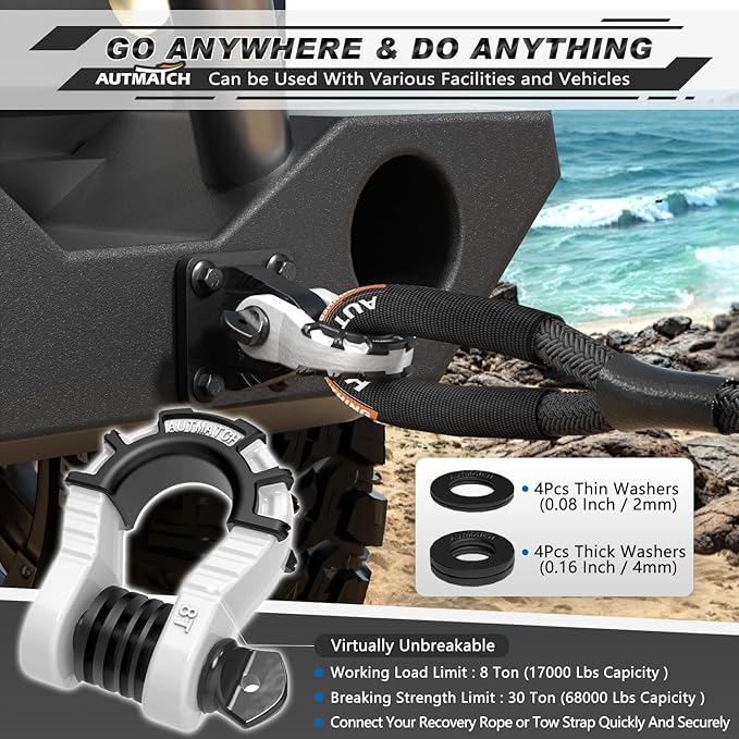 AUTMATCH D Ring Shackles 3/4" Mega Shackle (2 Pack) 68,000Ibs Break Strength - Heavy Duty Clevis Shackles with 7/8" Screw Pin and Isolator Washer for Tow Strap Winch Off Road Vehicle Recovery, White