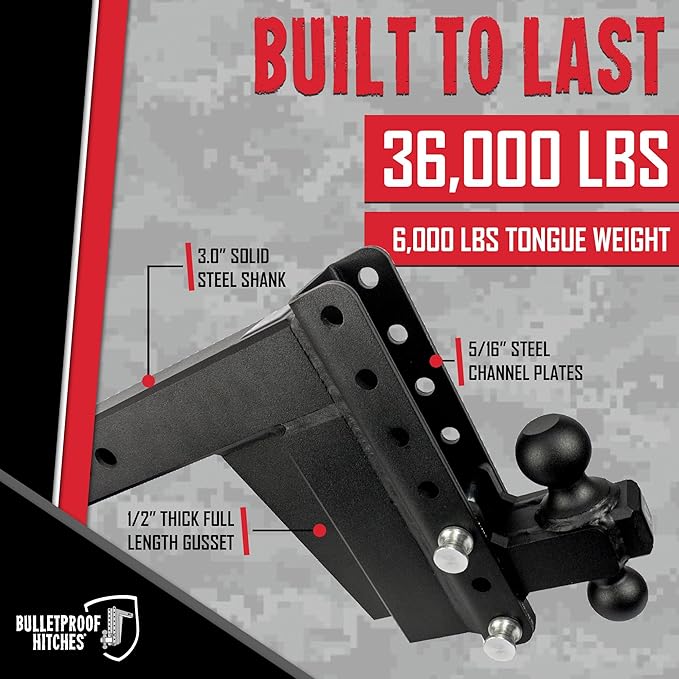 BulletProof Hitches - 3.0" Adjustable Extreme Duty Trailer Hitch (36,000 lb. Rating) - 8" Drop/Rise with 2" and 2 5/16" Dual Ball - Powder Coat, Solid Steel, Corrosion-Resistant