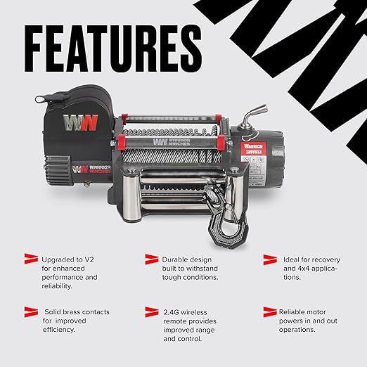 Warrior Winches Samurai 12500 lbs 12V Electric Winch with Steel Cable - Powerful Electric Winch for Trucks - 12500 lbs Load Capacity - Wireless Remote Included