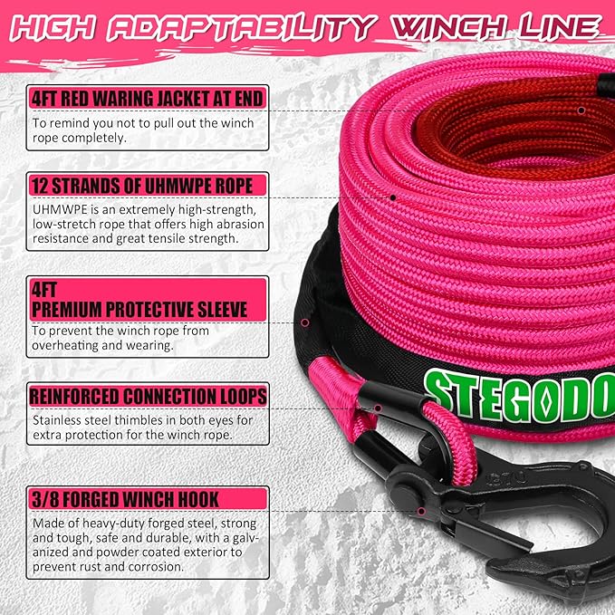 Synthetic Winch Rope, 3/8'' x 85ft 25,000LBS Double Braided Synthetic Winch Line 3/8 Winch Cable Replacement Synthetic Rope with Forged Winch Hook for 4WD Off Road Vehicle SUV Truck(Pink)