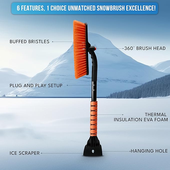 EcoNour 27" 3 in 1 Snow Brush with ice Scraper for car Windshield and Window | 360° Aluminum Rotatable Snow Brush for car | Winter Snow Removal Tools with Detachable Foam Grip | Winter Car Accessories