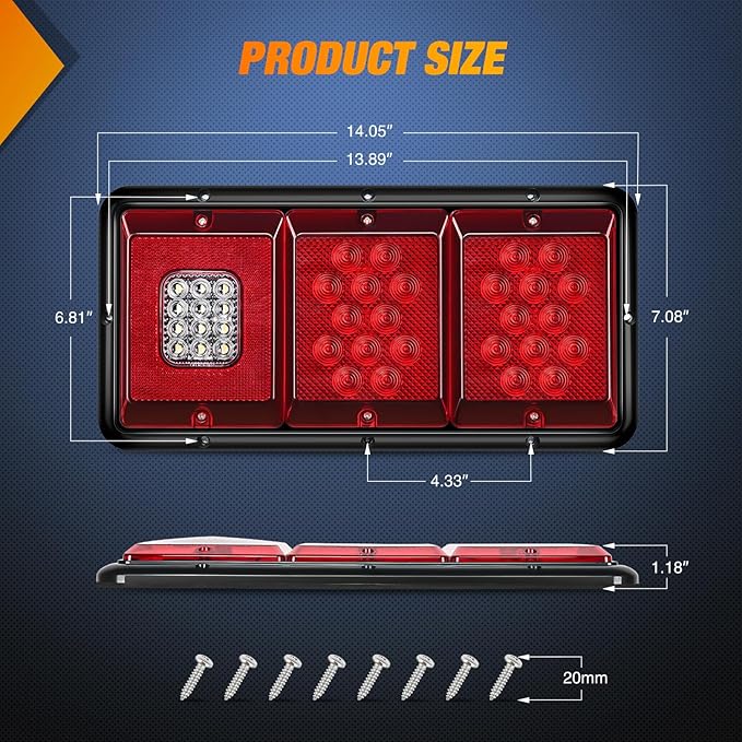 Nilight LED Triple Tail Light 2PCS Rectangle Red Stop Brake Turn Signals White Reverse Back Up Lights Surface Mount Waterproof Trailer Camper Van RV Caravan Taillights