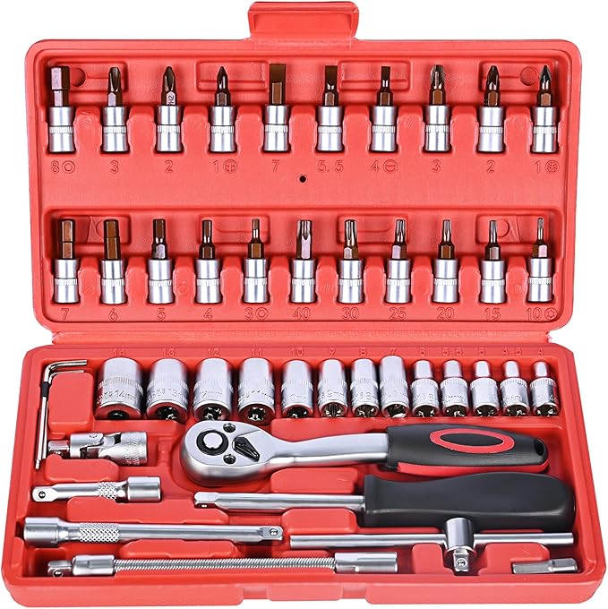 Egofine 46 Pieces 1/4 inch Drive Socket Ratchet Wrench Set, with 72-Teeth Ratchet Wrench, S2 Bit Socket Set, Extension for Auto Repairing and Household, with Storage Case