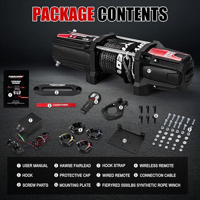 FieryRed ATV/UTV Winch 12V 5500 lb Electric Winch with Synthetic Rope, with Wireless Remote Control Hawse Aluminium Fairlead & Mounting Bracket, Waterproof IP67