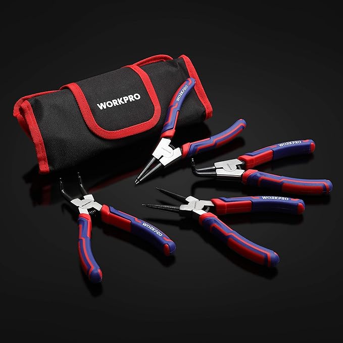WORKPRO 4-Piece Snap Ring Pliers Set - Heavy Duty 7-inch Internal/External Circlip Pliers Kit (Tip Diameter 5/64'')-Straight/Bent Jaw - Cr-V Steel - For Ring Remover Retaining- Storage Pouch Included