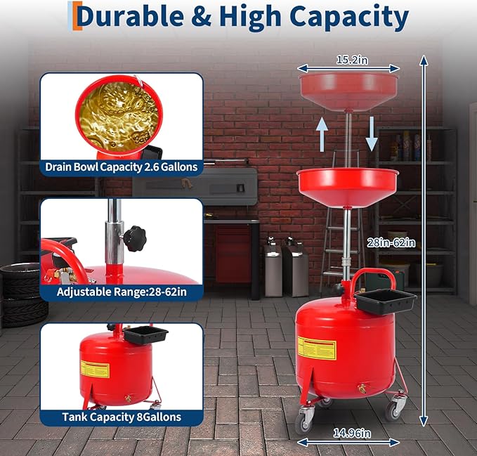 8 Gallon Waste Oil Drain Tank Portable Air Operated Oil Drainer with Adjustable Funnel Height 28 to 62 Inches 15 Inch Funnel Fluid Fuel Transfer Drain Container with 360 Degree Wheels and Toolbox Red