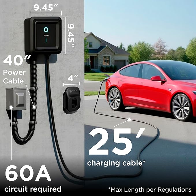 EVIQO Level 2 EV Charger NACS for Tesla – Hardwired, 240V, 25ft Cable EVSE –WiFi, App, UL Certified, 48 Amp EV Charger Level 2 for Home Indoor/Outdoor - Wall Electric Vehicle Charging Stations - Gen 2
