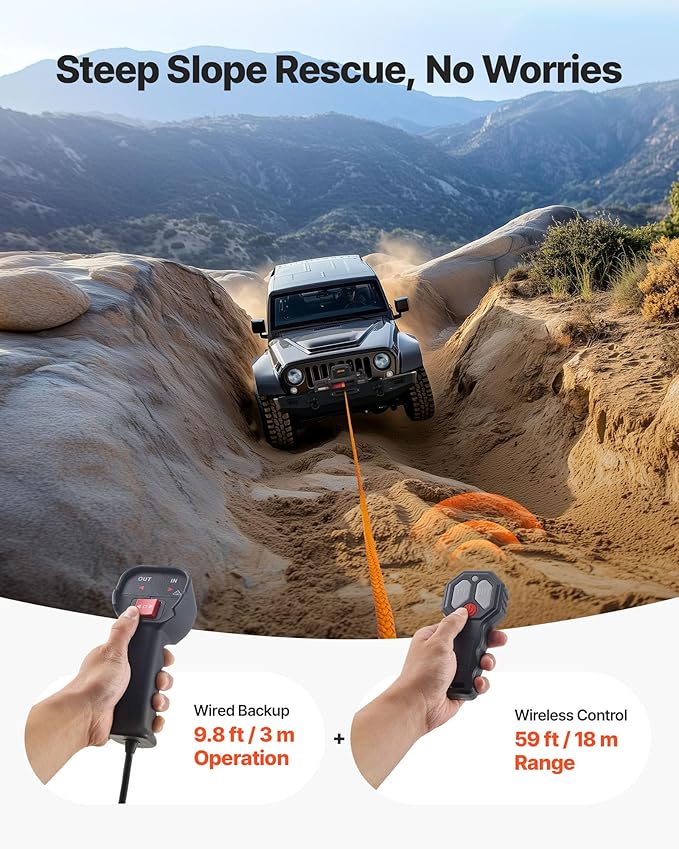 VEVOR Electric Winch, 10000 lbs Load Capacity, 12V DC Truck Winch with Φ7/20 in x 90 ft Synthetic Rope, Wireless & Wired Remote Control, IP67 Waterproof for Towing Off-Road SUV Jeep Trailer Boat