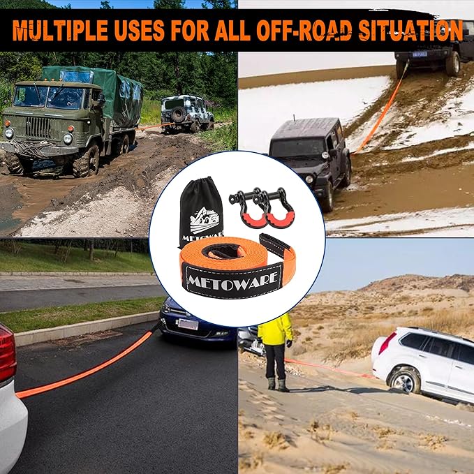 METOWARE Heavy Duty Tow Strap Recovery Kit - 3" x 20ft(35,000lbs) Tree Saver Winch Strap + 3/4" D Ring Shackles(2pcs) + Storage Bag - Truck, SUV, ATV Off Road Towing Strap Kit