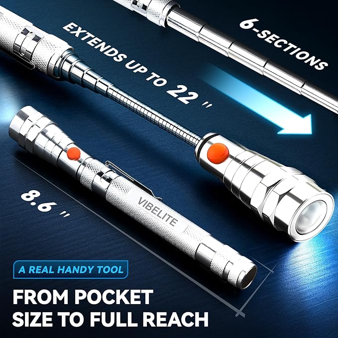 VIBELITE Extendable Magnetic Flashlight with Telescoping Magnet Pickup Tool-Cool Gadget Christmas Gifts Stocking Stuffers for Men, Teen Boys, Husband, Dad, Father, Mechanic, Him, Women, Silver