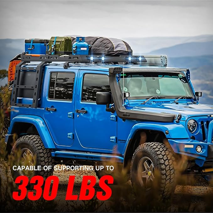 for JK JKU Hard Top Roof Rack Cargo Basket with Ladder & LED Light Bars Compatible with 2007-2018 Jeep Wrangler JK JKU 4 Door Hardtop, Cargo Carrier Rooftop Luggage Storage Holder