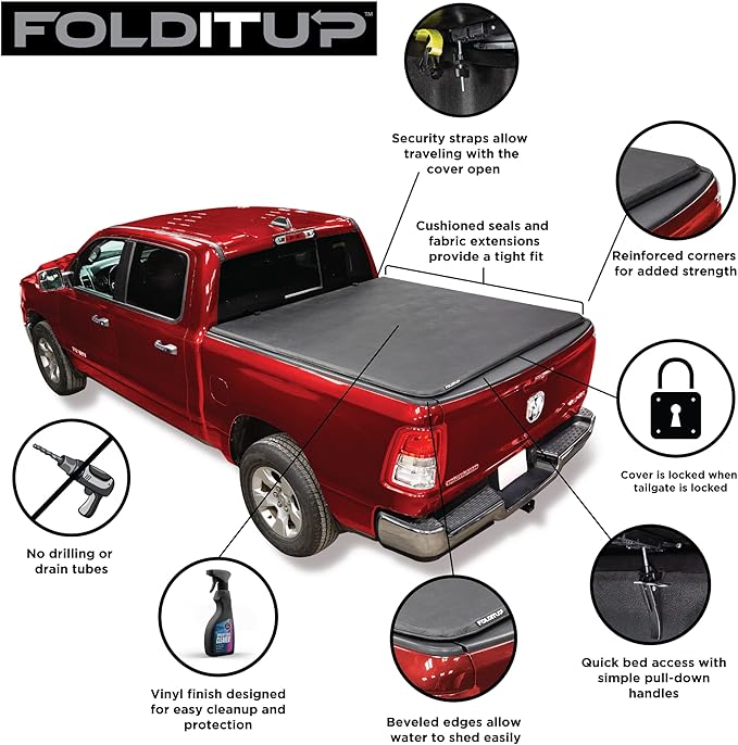 LEER FOLDITUP | Fits 2009-2018 Ram, 2019-2023 Heavy Duty, 2019 Classic with 6’4” Bed w/Out Rambox | Soft Tri-Fold Truck Bed Tonneau Cover | Easy Install | 4F137