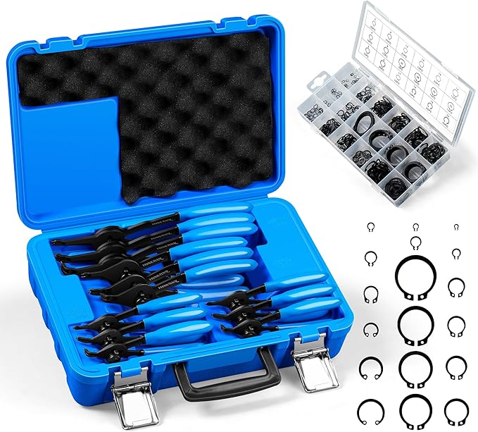 12PCS Versatile Retaining Snap Ring Pliers set,300PCS External Snap Rings,Heavy Duty Fixed Tip Combination Internal/External Snap-ring Pliers for 0.038in 0.047in 0.070in 0.090in