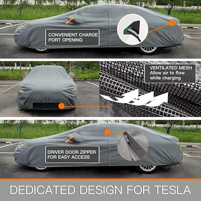 Kayme Heavy Duty Car Cover Waterproof All Weather, Custom Fit for Tesla Model S, Outdoor Full Exterior Cover with Charging Port and Breathable Ventilation Mesh, Sun and Rain Protection.