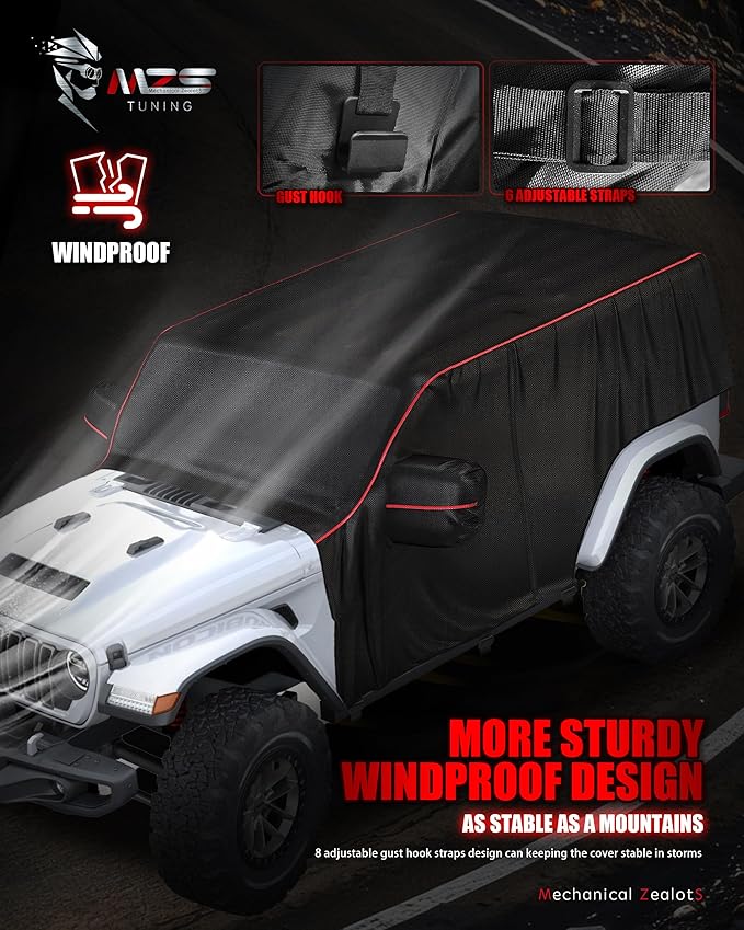 MZS Cab Cover Compatible with Wrangler Unlimited JK JL JKU JLU 4 Door 2007-2026, 600D Waterproof Wrangler Cover with Driver Door Zipper 8 Gust Hook Car Half Cover Windproof Sun Snow Rain Protection