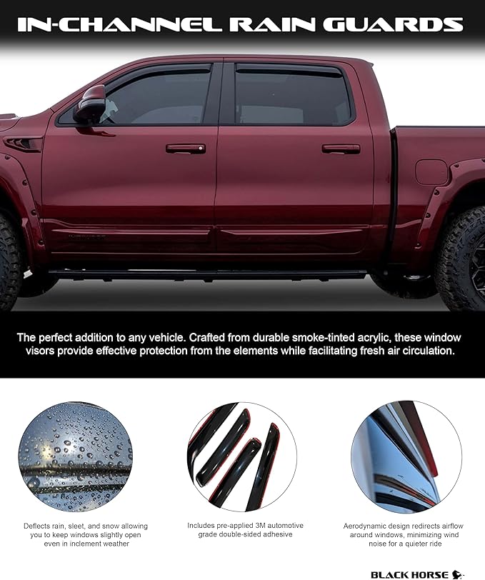 Black Horse Off Road [BHOR in Channel Rain Guards/Wind Deflectors Compatible with 2019-2024 Ram 1500 Quad Cab Smoke 4 PCs - 1494813IN