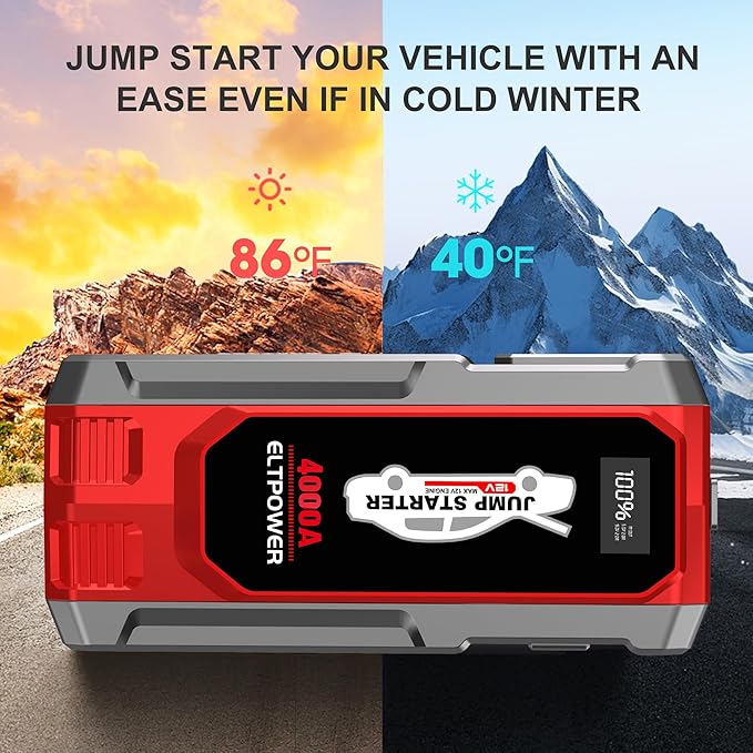 Car Battery Jump Starter 12V Battery Booster Pack 4000A Portable Jump Starter Jump Box with Jumper Cables USB Power Bank Dual Output LED Light