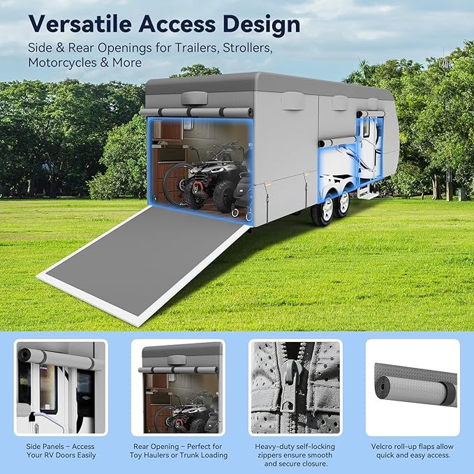 Travel Trailer RV Cover 33-35ft, Multi-Layer Breathable Rip-Stop Camper Cover with Water-Resistant Coating, Repair Kit, Gutter Protection, Tire Straps