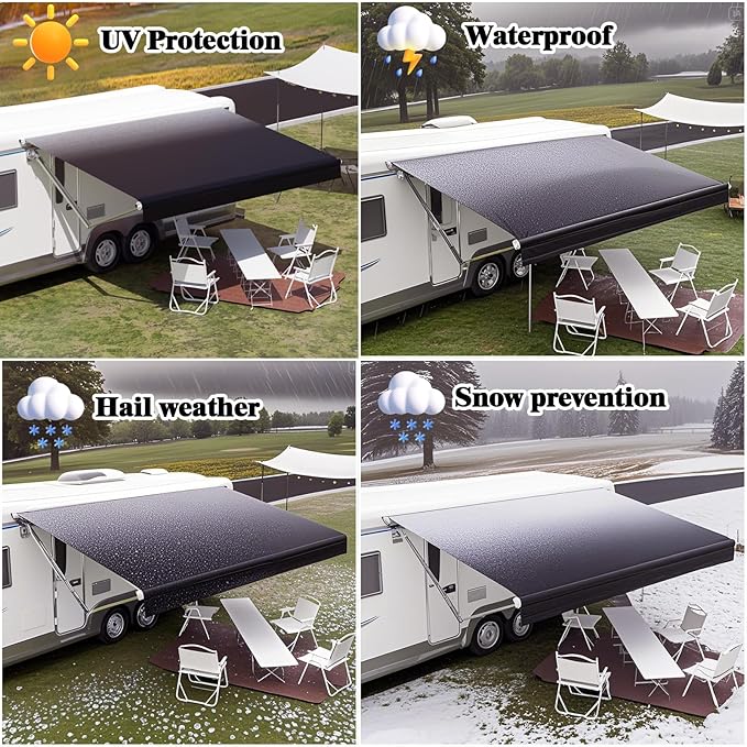 RV Awning Fabric Replacement,Camper Trailer Motorized Awning Replacement for Motorhome,Heavy Duty Weatherproof 18.5oz Outdoor Vinyl RV Canopy 16'(Fabric 15'2") Black Fade