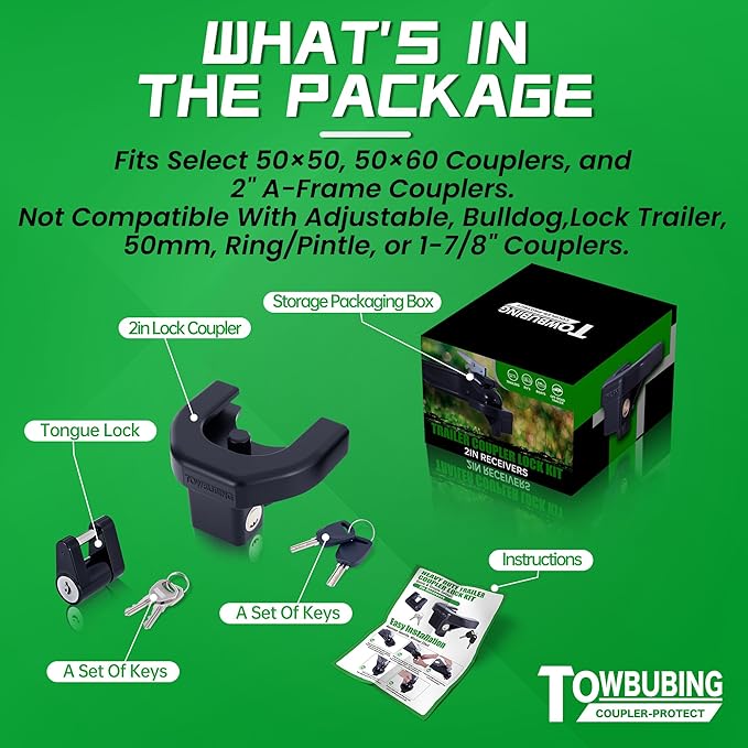 Trailer Hitch Lock Kit (for 2" Trailers) Heavy Duty Anti Theft Trailer Coupler Locks for RV, Camper, Trailer, Boat, Caravan - Reinforced Solid Steel Tow Lock for Trailer Tongue (2in)