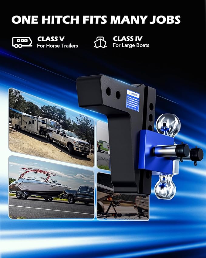 Orion Motor Tech Adjustable Trailer Hitch, Heavy Duty 2.5 inch Receiver Hitch, 6" Drop Hitch with 2" & 2-5/16" Balls, 360° Dual-Ball Mount with 18500lb Towing Capacity for Class IV & V, Blue