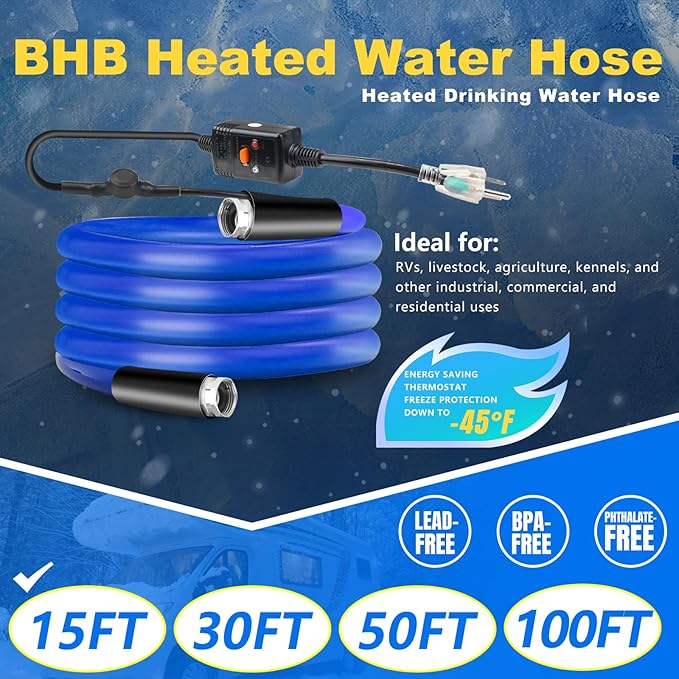 BHB Upgraded 15 FT Heated Water Hose For RV 5/8"ID Water Hose Withstand Temperatures Down to -45 ? Antifreeze Energy Saving Thermostat RV Accessories, With Storage Bag And 4 Types Of Adapters
