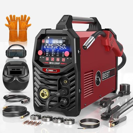 BESTMIG 8 in 1 Aluminum MIG Welder,250Amp 110V/220V Large LED Display,Pulsed MIG/MIG/Gas MIG/Flux Core/Spool Gun MIG/Lift TIG/Stick multiprocess welder,250P