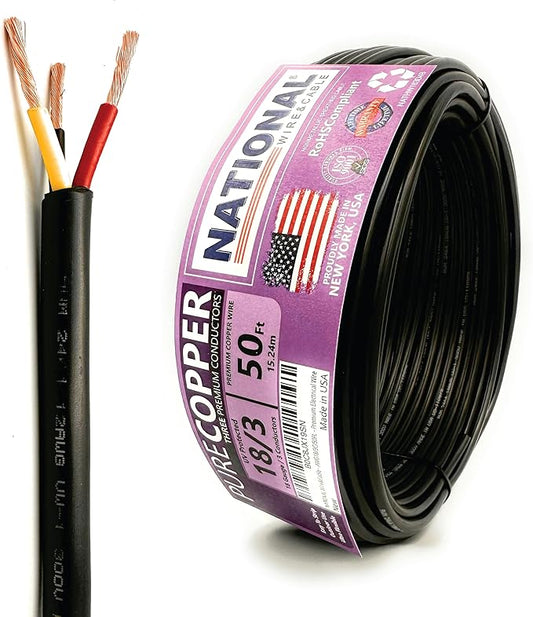 NATIONAL Wire & Cable – 18 AWG 3-Conductor Premium Copper Wire, 50 ft, Stranded | Made in USA, Flexible Jacket | LED Strips, Electronics, Low Voltage, DIY Projects, Indoor and Outdoor Use