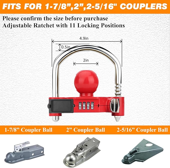 Funmit Trailer Lock Universal Hitch Lock with Combination Lock, fit 1-7/8", 2", 2-5/16" Coupler, Camper Accessories for Travel Trailers Boats Trucks Rvs Red