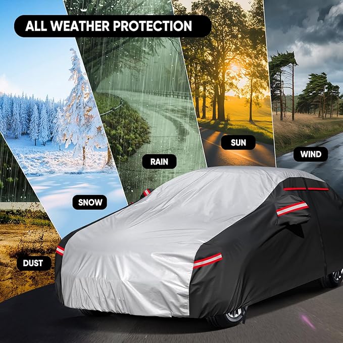 Neverland Car Cover - Car Cover Waterproof All Weather Snowproof UV Protection Windproof Full Car Covers with Side Door Zipper,Reflective Strips,Storage Bag Full Exterior Covers