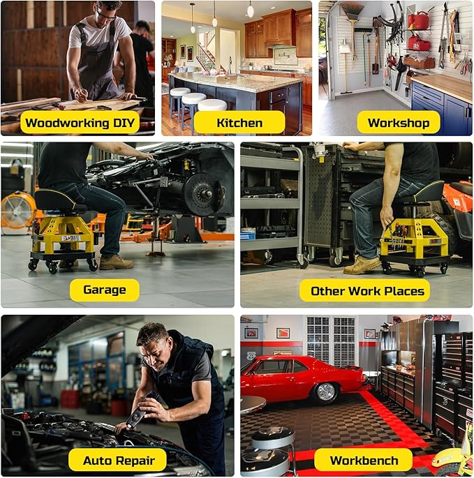 Rolling Shop Stool for Garage with Casters, DO02-Adjustable Height 360° Swivel Shop Seat with Tool Tray Storage, 330 LBS Capacity Padded Mechanic Stool, Magnetic Tool Hold, Heavy Duty,Yellow
