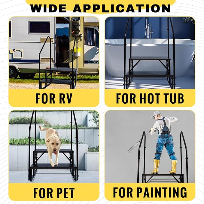 RV Steps with 2 Handrails, Hot Tub Steps Outdoor, 2 Step Ladder Stool, RV Stairs with Anti-Slip Panel, Camper Steps for Spa, Travel Trailers, Pool and Porch
