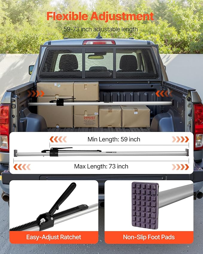 VEVOR Cargo Bar, Ratcheting Cargo Bar Adjustable from 59" to 73", Heavy-Duty Steel Cargos Stabilizer with Non-Slip Foot Pads, Telescoping Load Lock Bars Stop Sliding for Pickup Truck