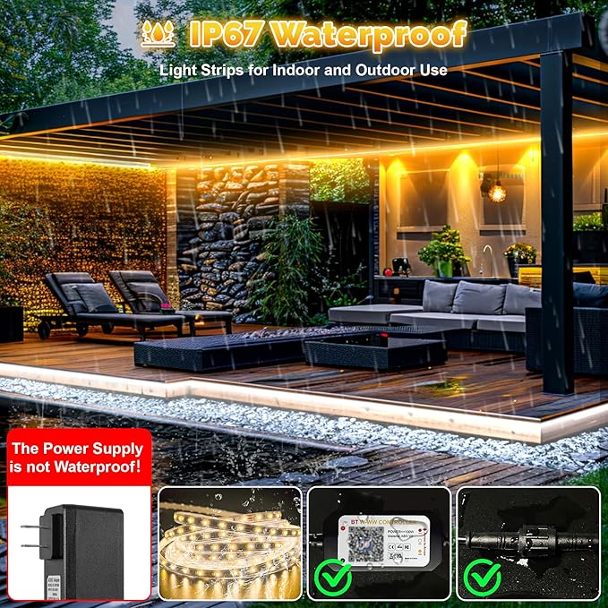 100FT Outdoor LED Strip Lights Waterproof IP67, Dimmable 3000K-6500K Warm White LED Rope Lights Outdoor Waterproof with Remote & APP, 24v Adhesive Exterior Lighting for Patio, Deck, Gazebo