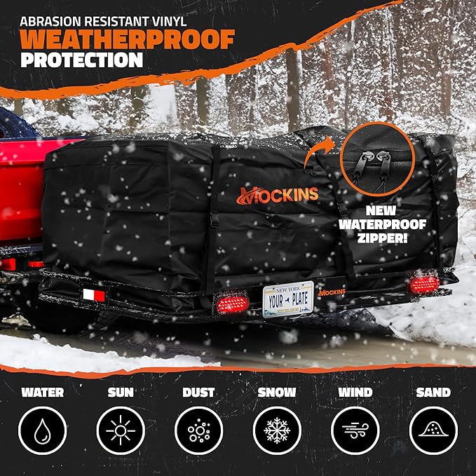 Mockins XXL 72"x36"x6" Folding Trailer Hitch Cargo Carrier w/ 50 CuFt Waterproof Cargo Bag for Hitch Carrier | 500 Lbs Cap Luggage Rack for SUV Car & Truck w/Rear Lights, License Plate Holder & More