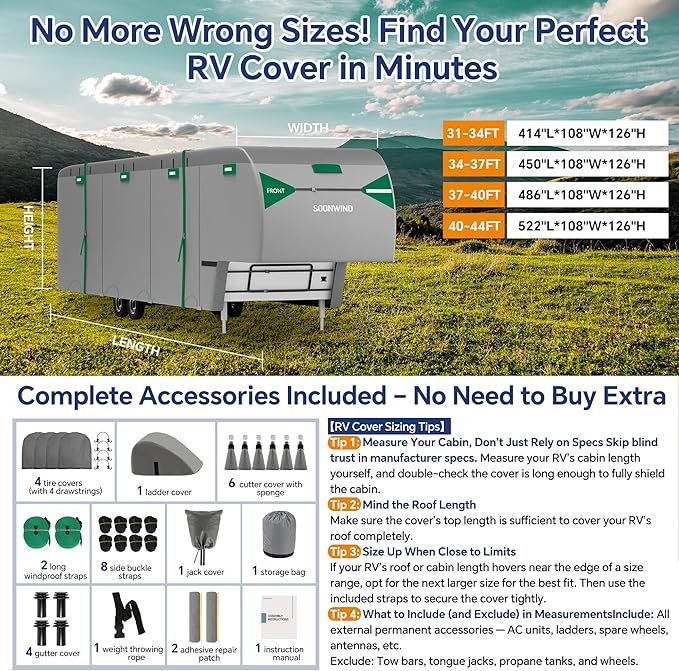 Heavy Duty 7 Layers 5th Wheel RV Cover, Camper Cover & Travel Trailer Cover 34-37ft, Waterproof Windproof All-Weather Protection with Gutter & Tongue Jack Covers Reinforced Straps - Green