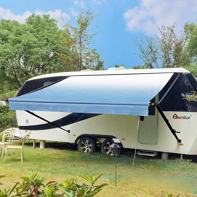 Awnlux Black Manual Modular Retractable RV Awning Full Set Assemblies for RV, 5th Wheel, Travel Trailers, Toy Haulers, and Motorhome - RV Trailer Awning for Home or Camper - 16x8 Ft - Ocean Blue